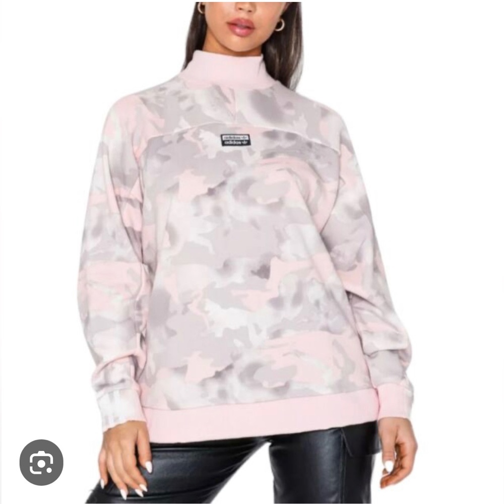 Adidas Oversized Mock-neck Sweatshirt Pink and Gray Camo Print Size Small